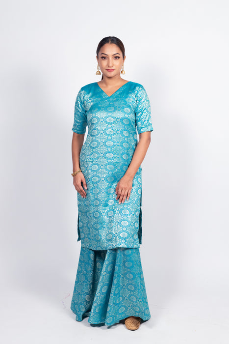 Sky Blue Pure Katan Silk Brocade Kurta with Sharara