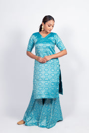 Sky Blue Pure Katan Silk Brocade Kurta with Sharara - The Handlooms