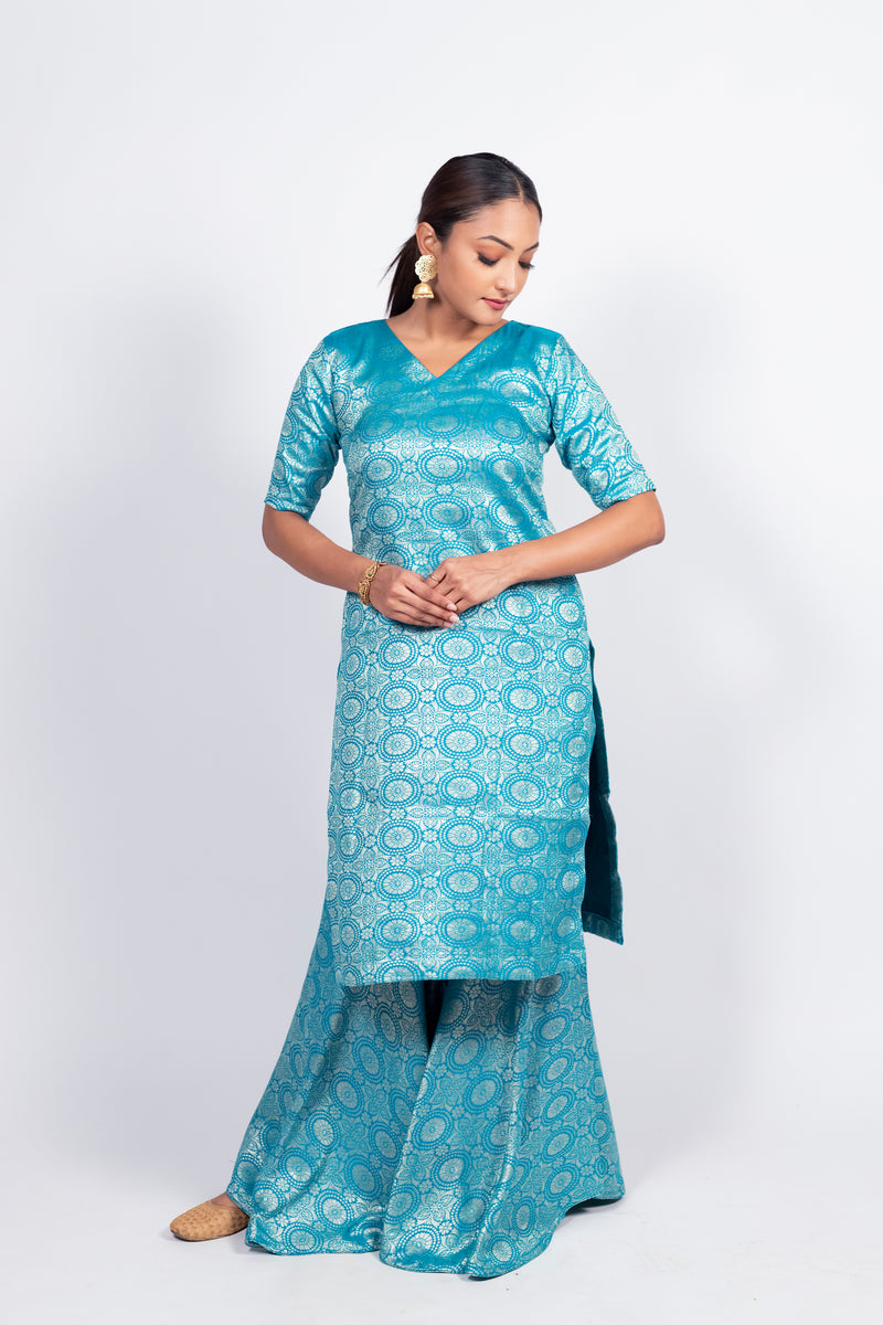 Sky Blue Pure Katan Silk Brocade Kurta with Sharara - The Handlooms