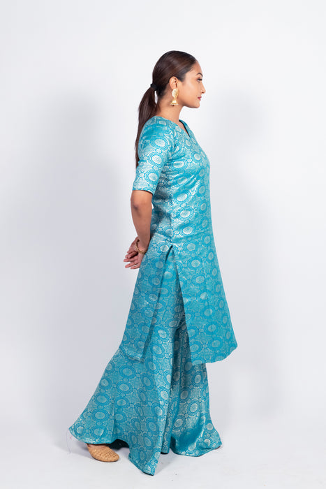 Sky Blue Pure Katan Silk Brocade Kurta with Sharara