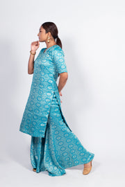 Sky Blue Pure Katan Silk Brocade Kurta with Sharara - The Handlooms