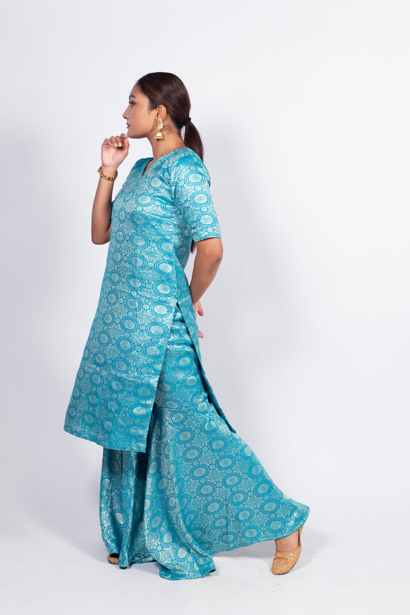 Sky Blue Pure Katan Silk Brocade Kurta with Sharara - The Handlooms