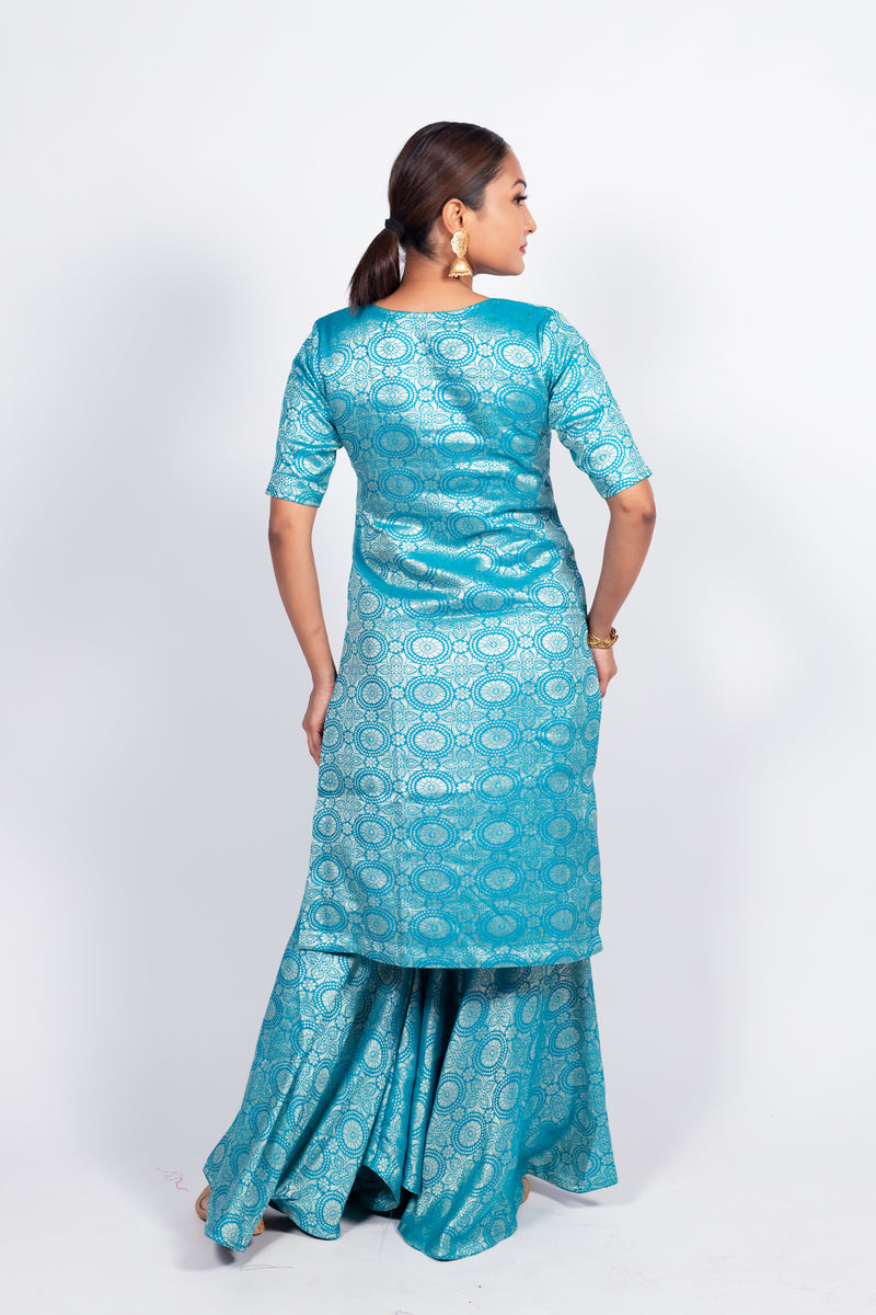Sky Blue Pure Katan Silk Brocade Kurta with Sharara - The Handlooms