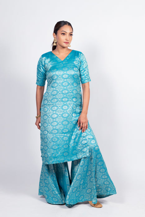 Sky Blue Pure Katan Silk Brocade Kurta with Sharara