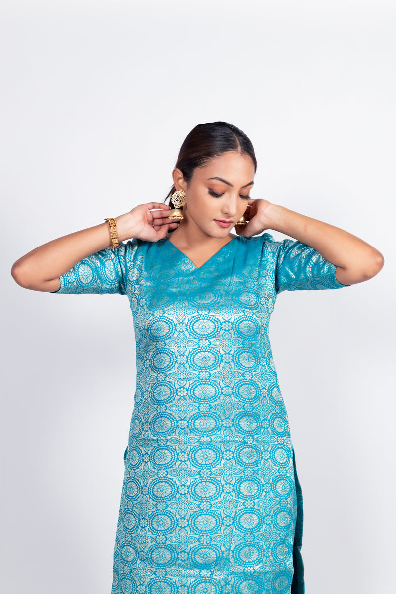 Sky Blue Pure Katan Silk Brocade Kurta with Sharara - The Handlooms