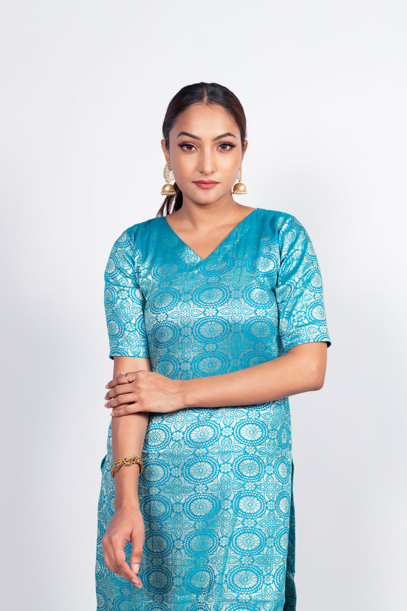 Sky Blue Pure Katan Silk Brocade Kurta with Sharara - The Handlooms