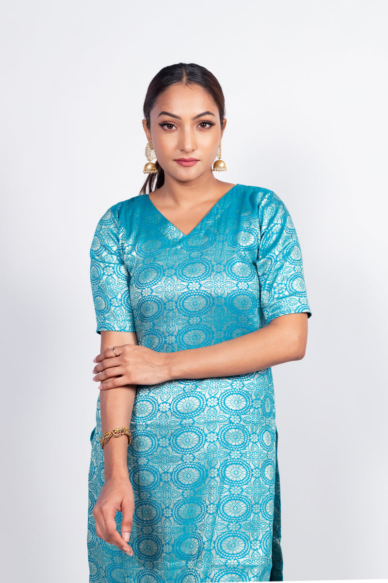 Sky Blue Pure Katan Silk Brocade Kurta with Sharara - The Handlooms
