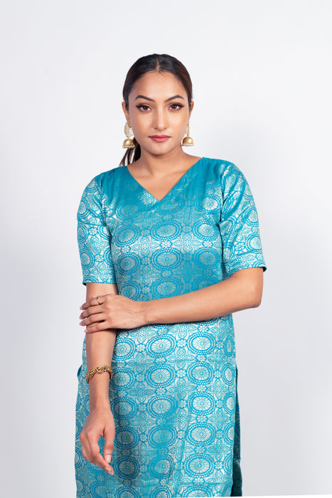 Sky Blue Pure Katan Silk Brocade Kurta with Sharara