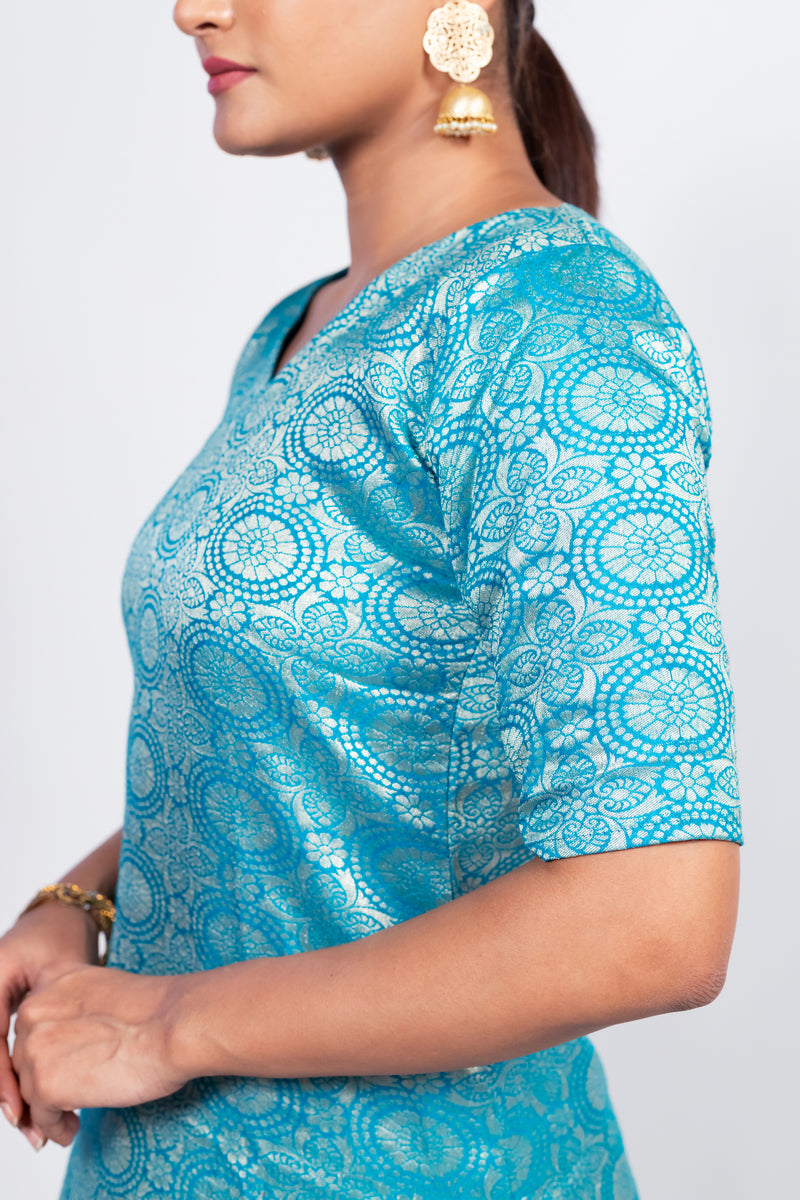 Sky Blue Pure Katan Silk Brocade Kurta with Sharara - The Handlooms