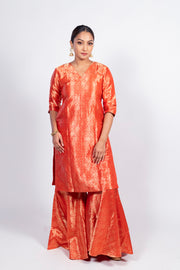 Red Pure Katan Silk Brocade Kurta with Sharara - The Handlooms