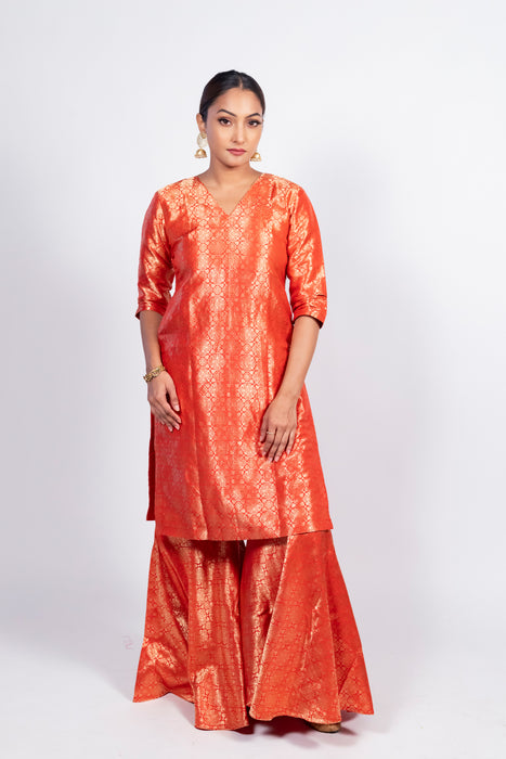 Red Pure Katan Silk Brocade Kurta with Sharara