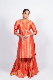 Red Pure Katan Silk Brocade Kurta with Sharara - The Handlooms