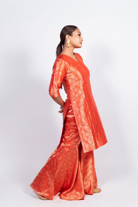 Red Pure Katan Silk Brocade Kurta with Sharara