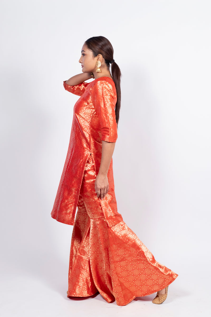 Red Pure Katan Silk Brocade Kurta with Sharara - The Handlooms