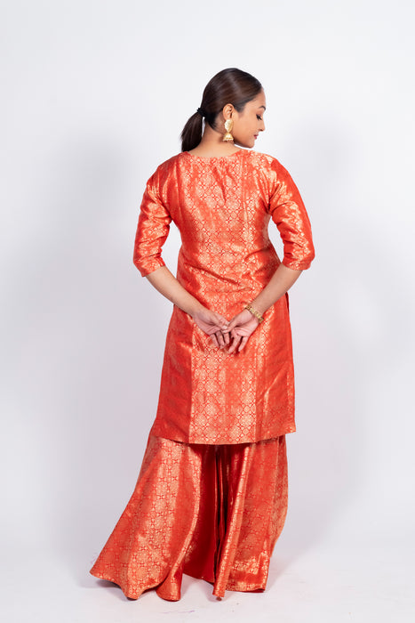 Red Pure Katan Silk Brocade Kurta with Sharara