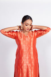 Red Pure Katan Silk Brocade Kurta with Sharara - The Handlooms