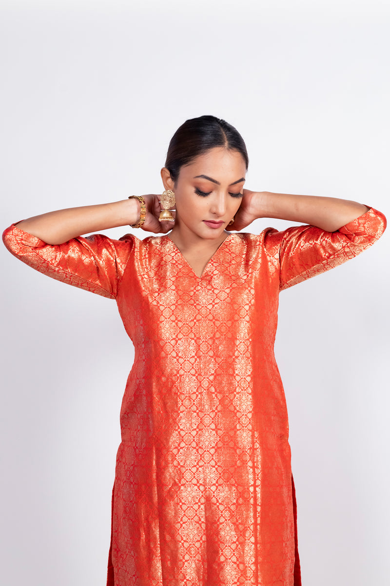 Red Pure Katan Silk Brocade Kurta with Sharara - The Handlooms