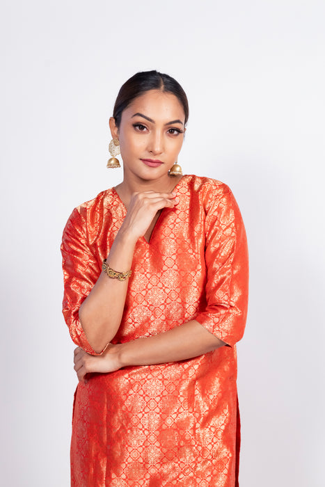 Red Pure Katan Silk Brocade Kurta with Sharara