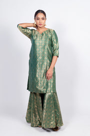 Green Pure Katan Silk Brocade Kurta with Sharara - The Handlooms