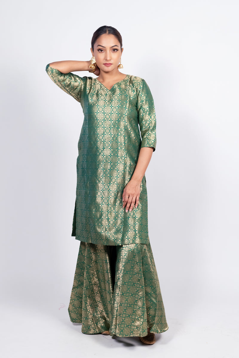 Green Pure Katan Silk Brocade Kurta with Sharara - The Handlooms