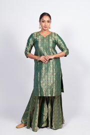 Green Pure Katan Silk Brocade Kurta with Sharara - The Handlooms