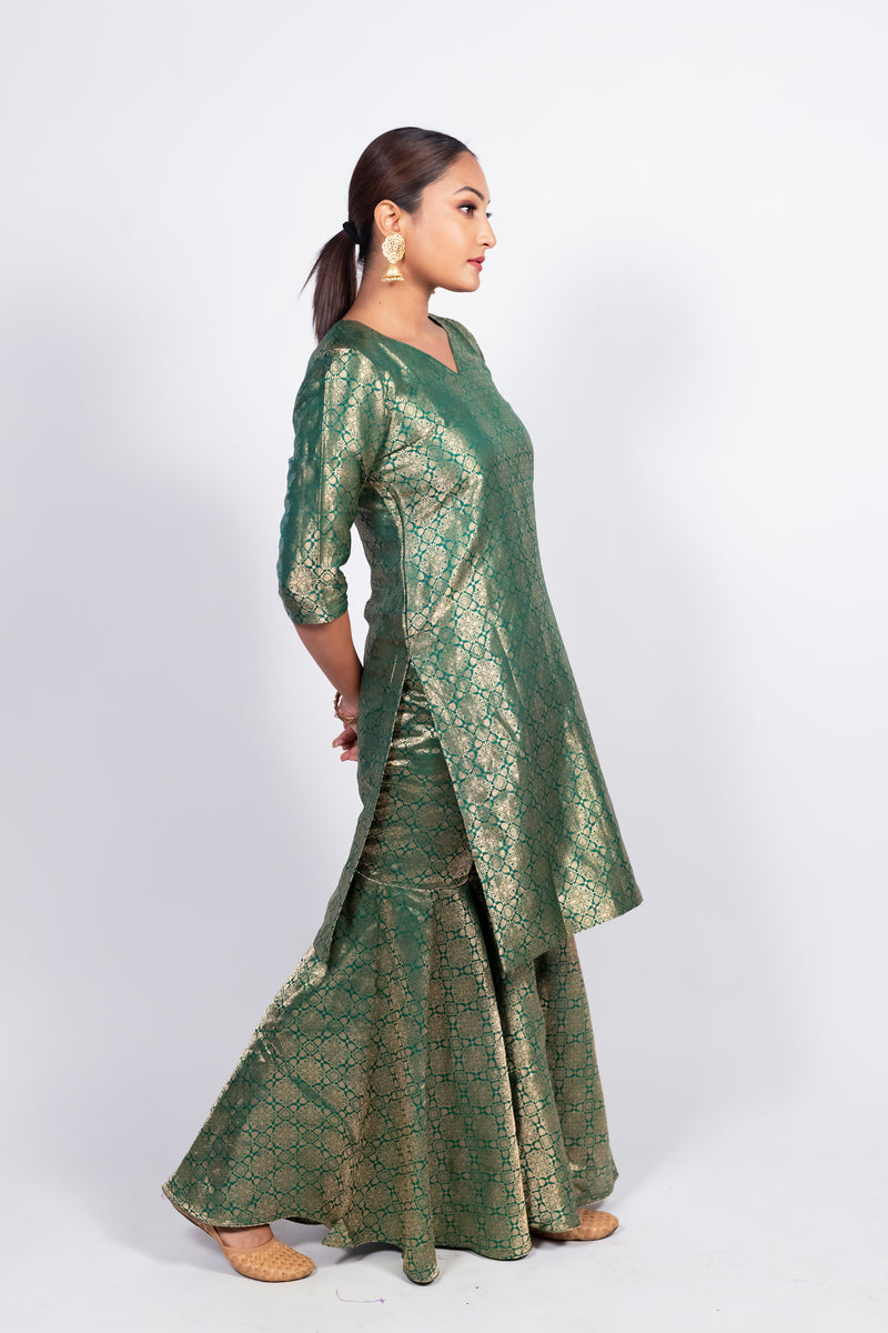 Green Pure Katan Silk Brocade Kurta with Sharara - The Handlooms