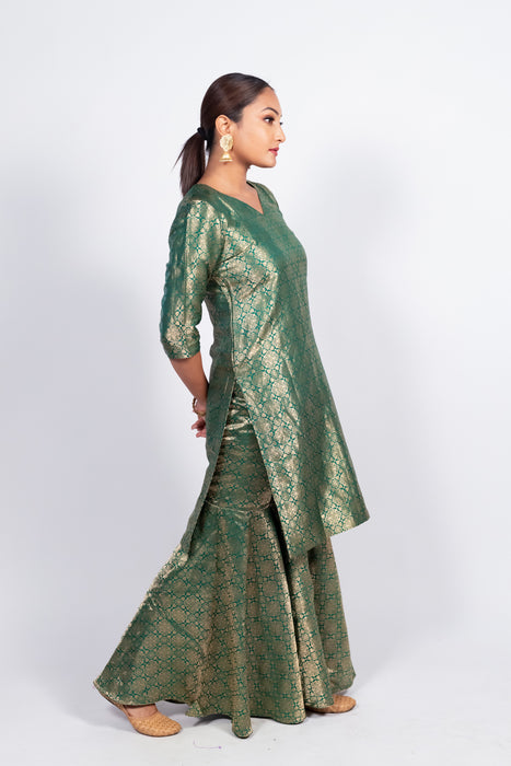 Green Pure Katan Silk Brocade Kurta with Sharara