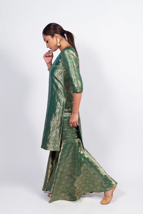 Green Pure Katan Silk Brocade Kurta with Sharara