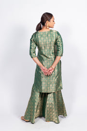 Green Pure Katan Silk Brocade Kurta with Sharara - The Handlooms