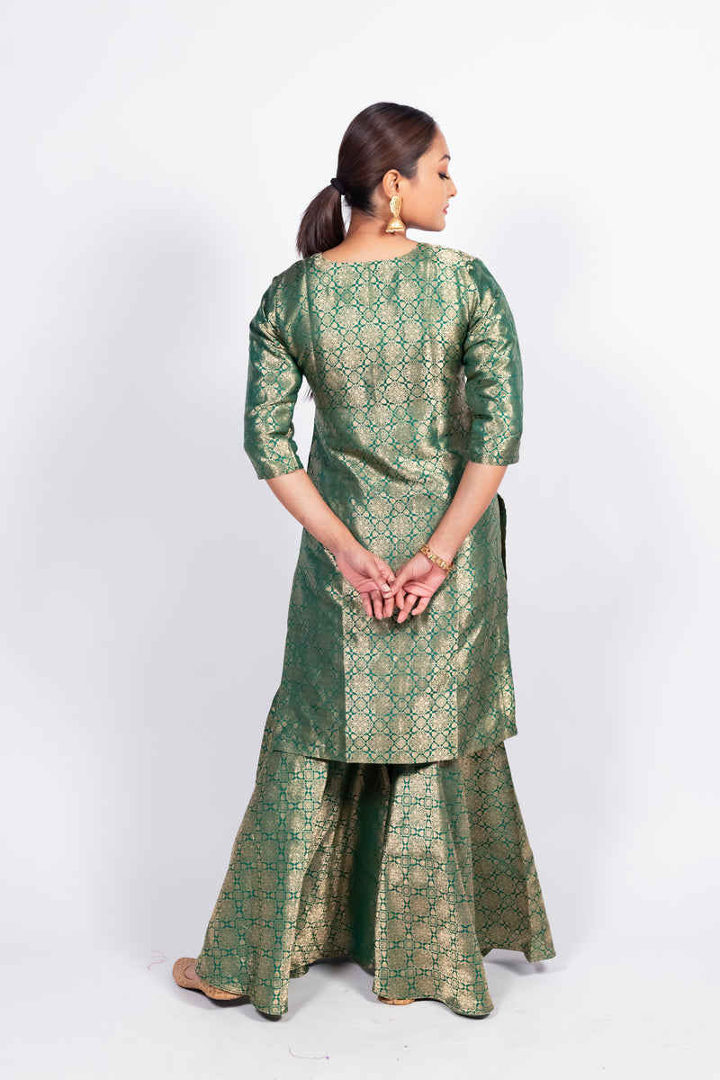 Green Pure Katan Silk Brocade Kurta with Sharara - The Handlooms