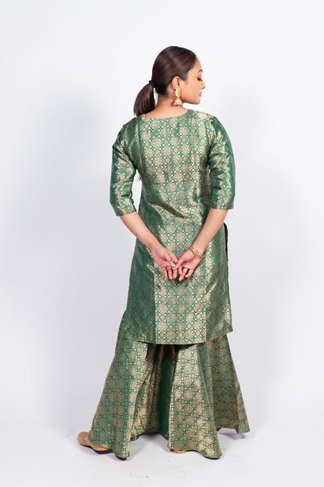 Green Pure Katan Silk Brocade Kurta with Sharara