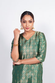 Green Pure Katan Silk Brocade Kurta with Sharara - The Handlooms