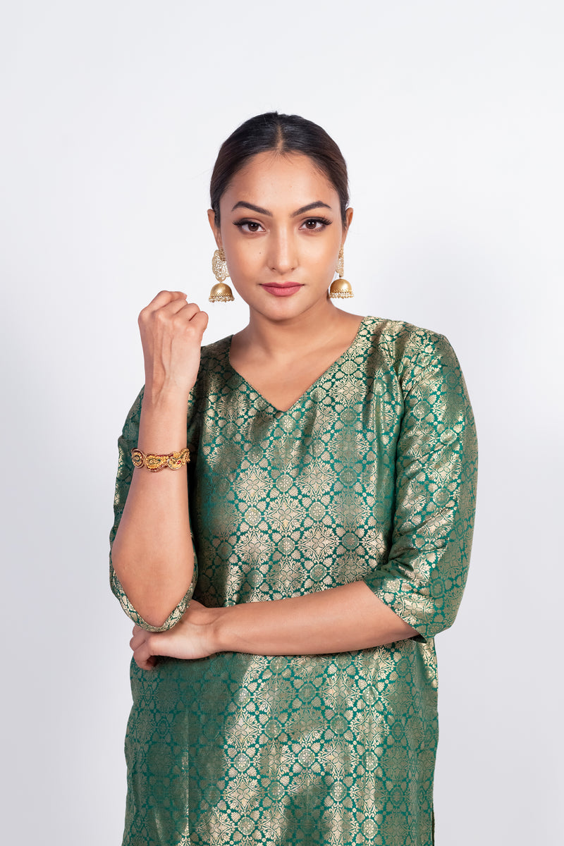 Green Pure Katan Silk Brocade Kurta with Sharara - The Handlooms