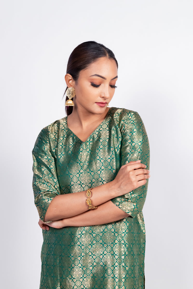 Green Pure Katan Silk Brocade Kurta with Sharara - The Handlooms