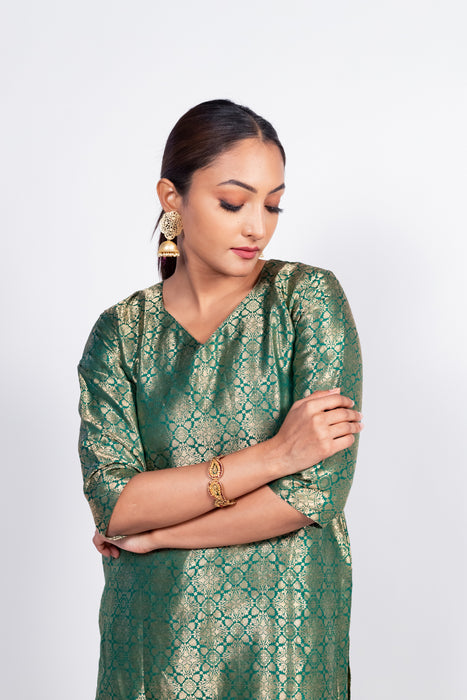 Green Pure Katan Silk Brocade Kurta with Sharara