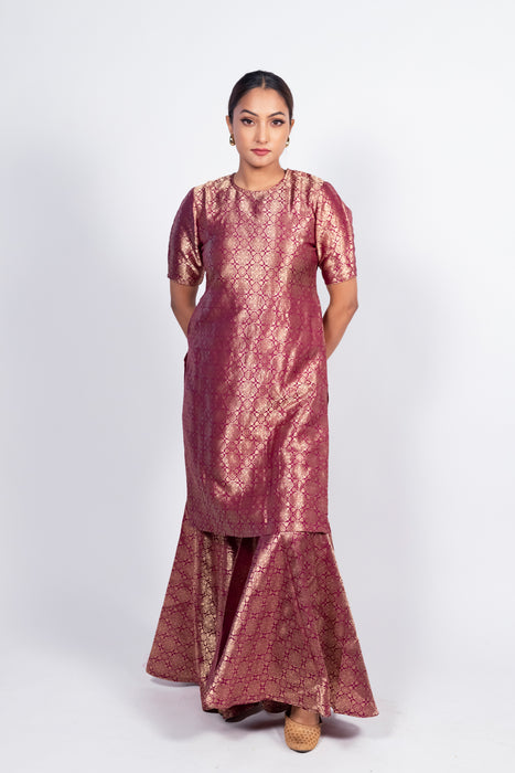 Magenta Pure Katan Silk Brocade Kurta with Sharara