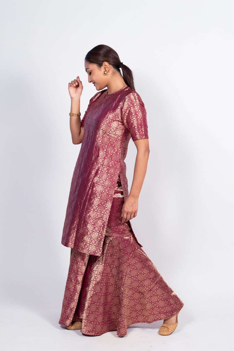 Magenta Pure Katan Silk Brocade Kurta with Sharara - The Handlooms