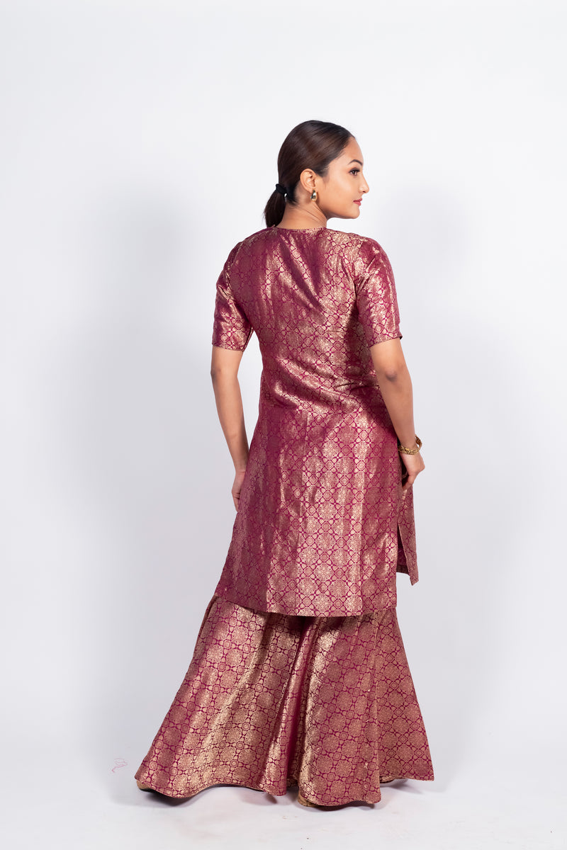 Magenta Pure Katan Silk Brocade Kurta with Sharara - The Handlooms