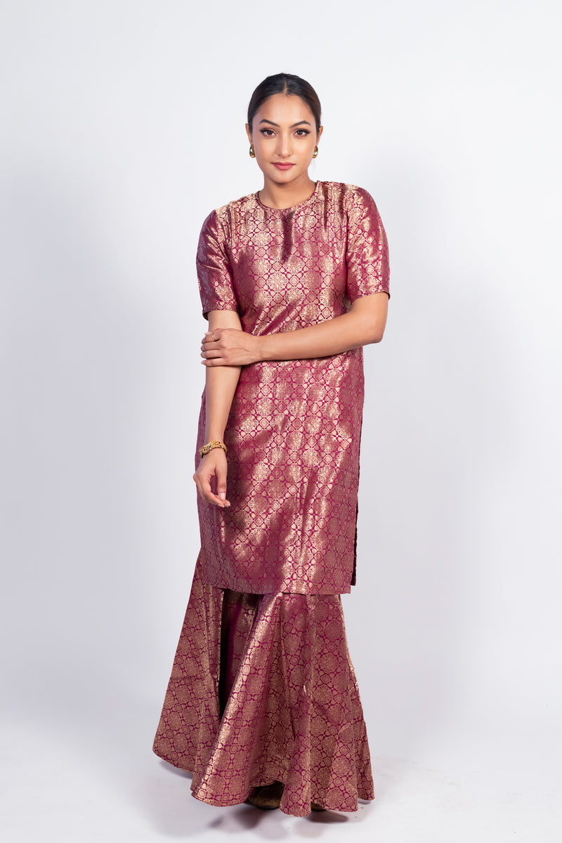Magenta Pure Katan Silk Brocade Kurta with Sharara - The Handlooms