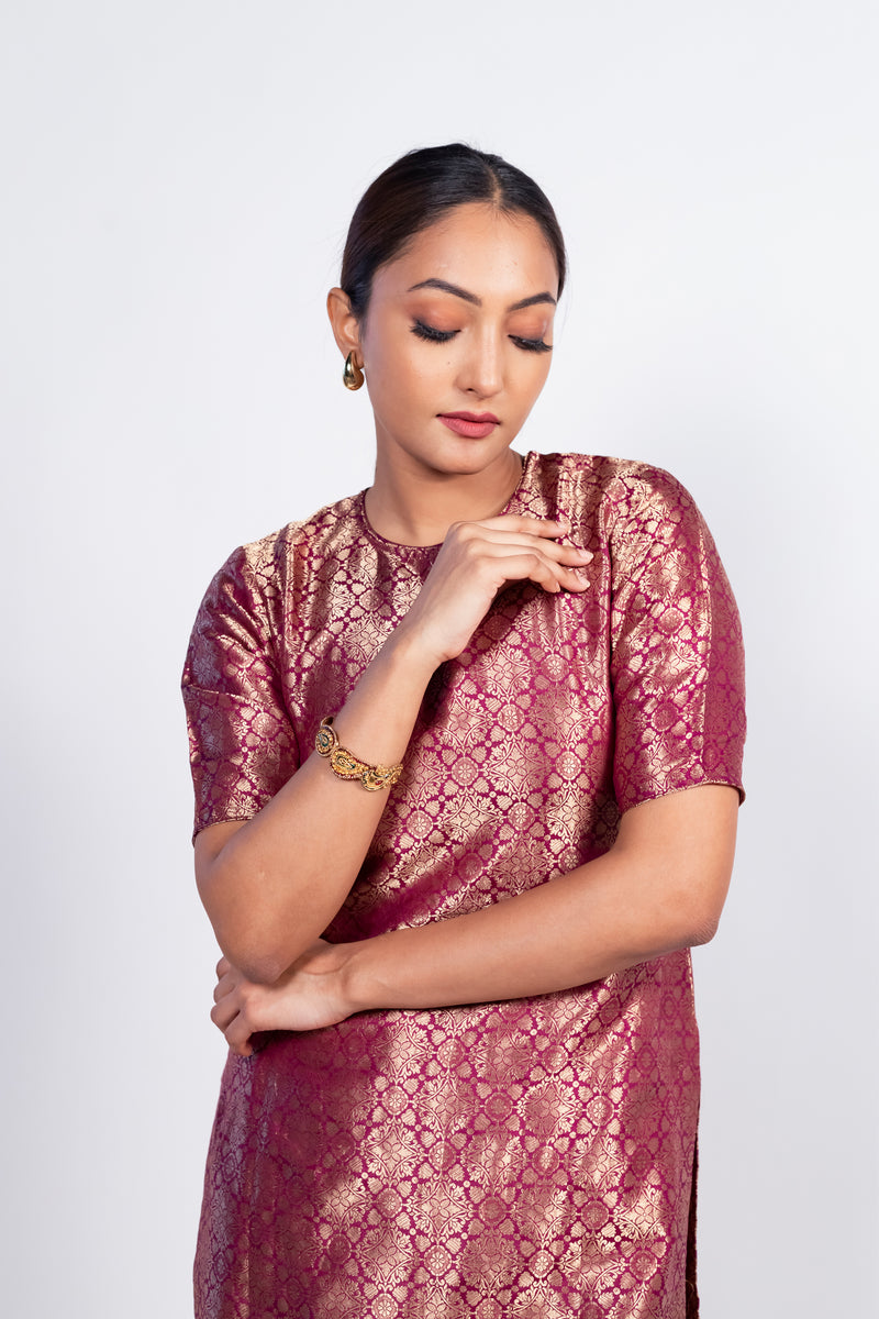 Magenta Pure Katan Silk Brocade Kurta with Sharara - The Handlooms