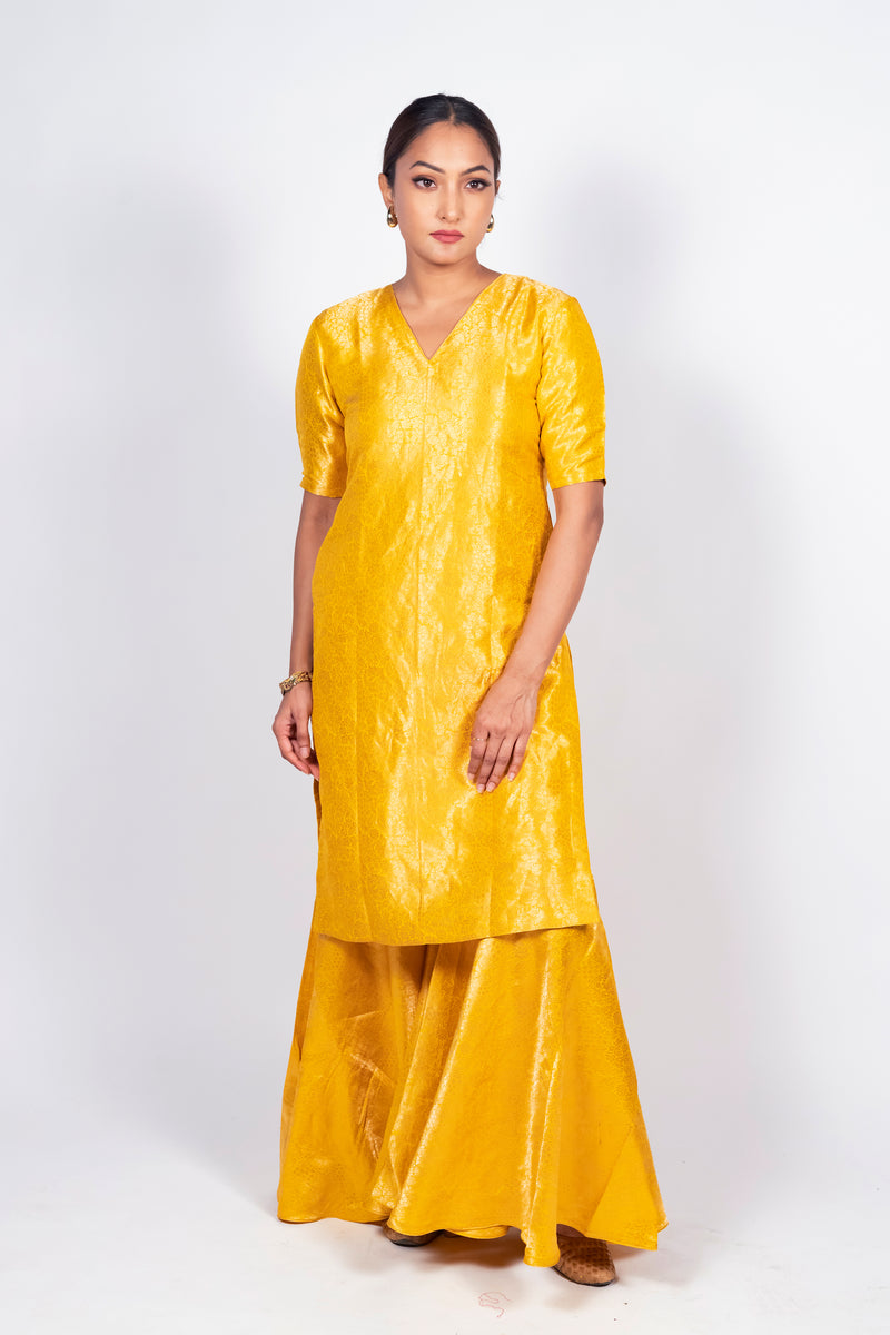 Yellow Pure Katan Silk Brocade Kurta with Sharara - The Handlooms