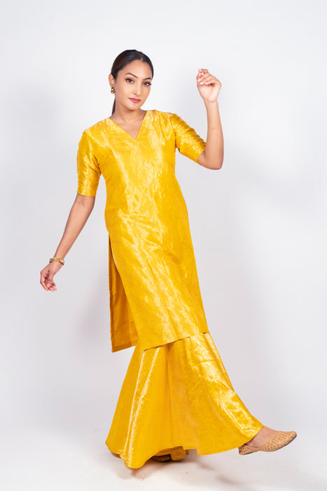 Yellow Pure Katan Silk Brocade Kurta with Sharara