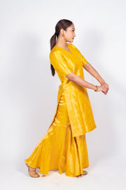 Yellow Pure Katan Silk Brocade Kurta with Sharara - The Handlooms