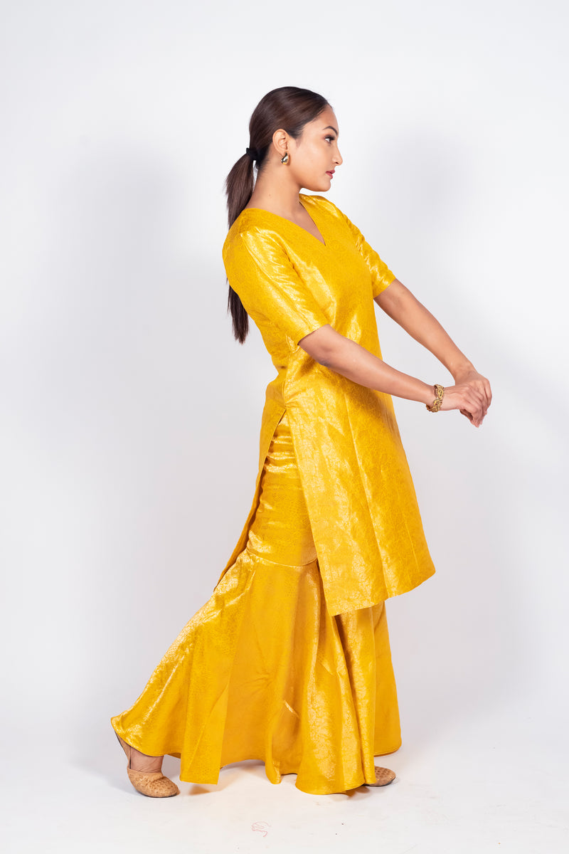 Yellow Pure Katan Silk Brocade Kurta with Sharara - The Handlooms