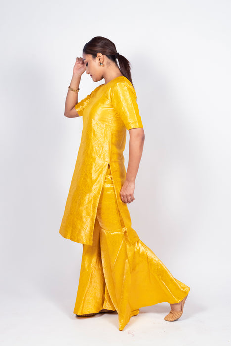 Yellow Pure Katan Silk Brocade Kurta with Sharara