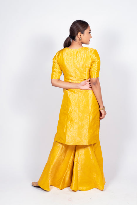 Yellow Pure Katan Silk Brocade Kurta with Sharara