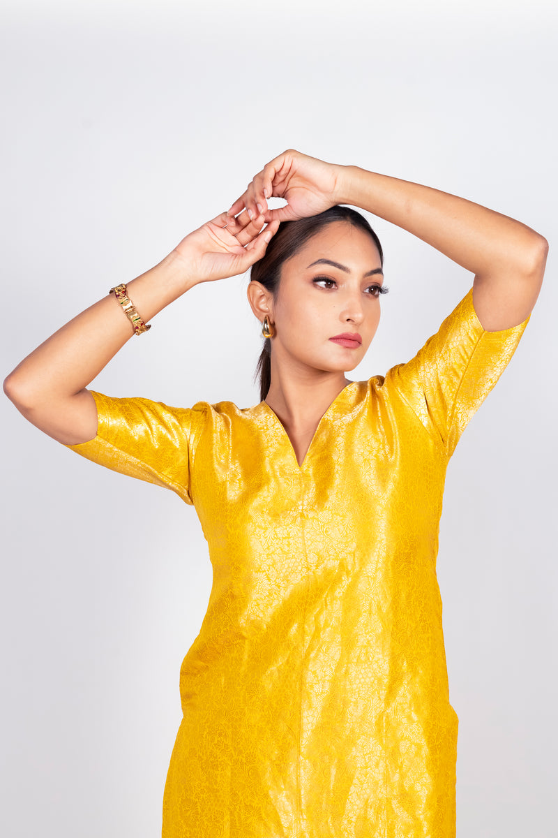 Yellow Pure Katan Silk Brocade Kurta with Sharara - The Handlooms
