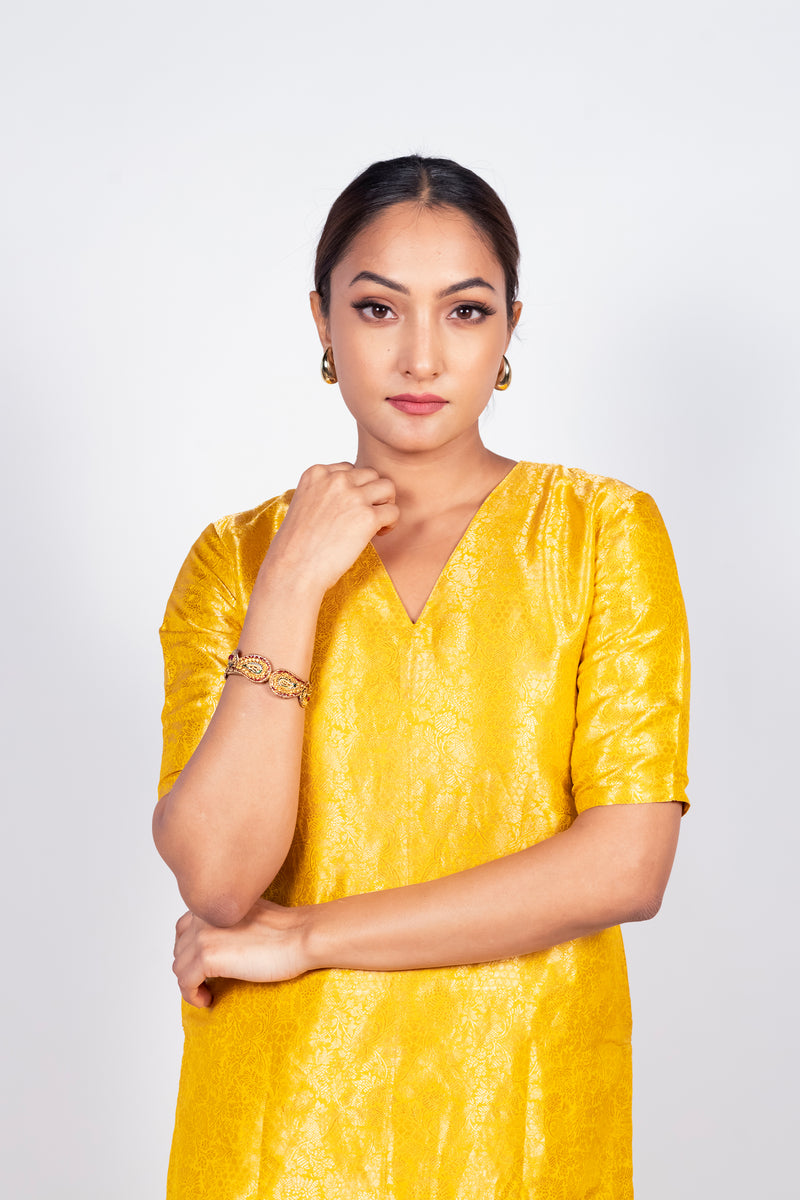 Yellow Pure Katan Silk Brocade Kurta with Sharara - The Handlooms