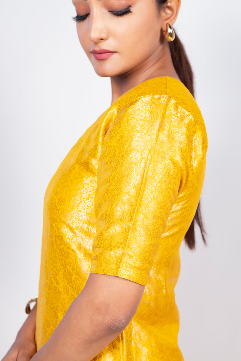 Yellow Pure Katan Silk Brocade Kurta with Sharara - The Handlooms
