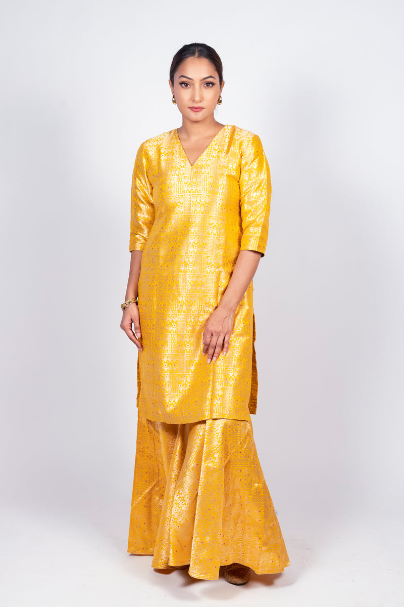 Yellow Pure Katan Silk Brocade Kurta with Sharara - The Handlooms